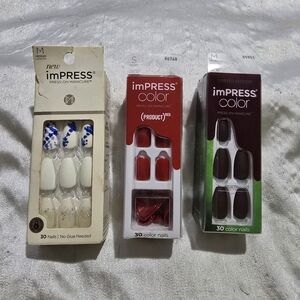 NIB ImPRESS Lot Of 3 Press On Nails Red, Burgandy, Blue & White No Glue Needed
